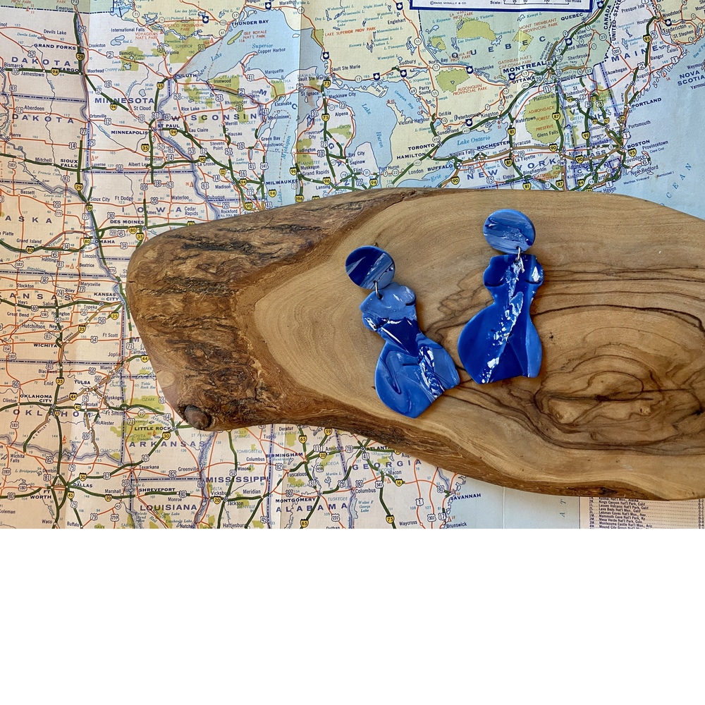 Handmade Clay Earrings | Forms of a Woman Silhouette | Blue and White Blend